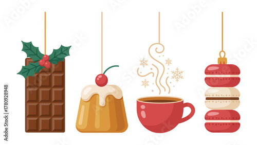 Festive Dessert Delights: A collection of exquisite desserts, each a miniature masterpiece. Featuring a chocolate, pudding, hot coffee and macaron with a dash of festive elegance. 