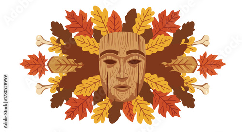 An illustrative wooden mask with a tribal aesthetic, surrounded by a vibrant autumn wreath of oak leaves and bone details, symbolizing nature's spirit.
