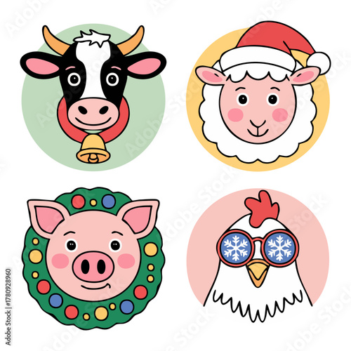 vector set of 4 farm animals dressed for Christmas — cow with bell ribbon, sheep with Santa hat, pig with Christmas wreath, and chicken with snowflake glasses, cartoon flat vector