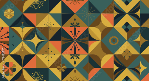 A vibrant retro geometric pattern featuring stylized floral and starburst elements in a warm, inviting color palette for modern design applications.