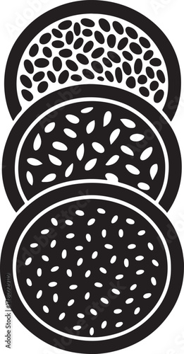 Overhead view of a stack of three bowls with chia seeds, flax seeds and sesame seeds silhouette vector