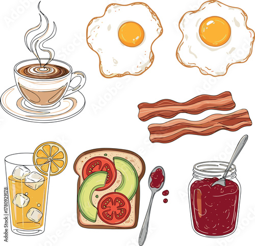 Isolated a Hand drawn breakfast Abstract trendy posters with coffee, fried egg, bacon, citrus juice, avocado, tomato, toast in jam. Minimalist prints for wall decor, restaurant menu, vector art.