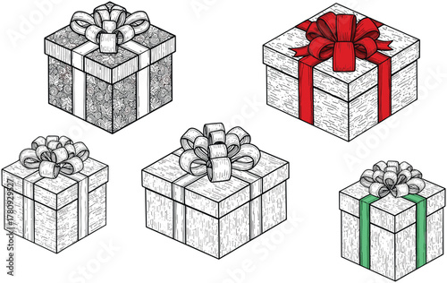 gift, boxes, celebration, holiday, festive, illustration, vector, design, decoration, ribbon, bow, present, package, wrapping, ornament, art, concept, graphic, style, event, season