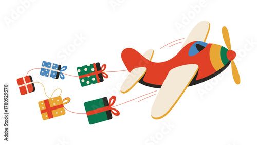 Joyride of Gifts: A whimsical cartoon airplane, laden with colorful gift boxes, soars through the air, embodying the spirit of celebration and spreading cheer. 