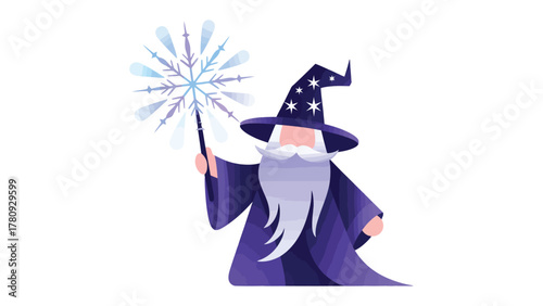 Mystic Maestro: A captivating illustration of a wise wizard, wielding a magic wand with an ethereal snowflake, embodying wisdom and enchantment. 