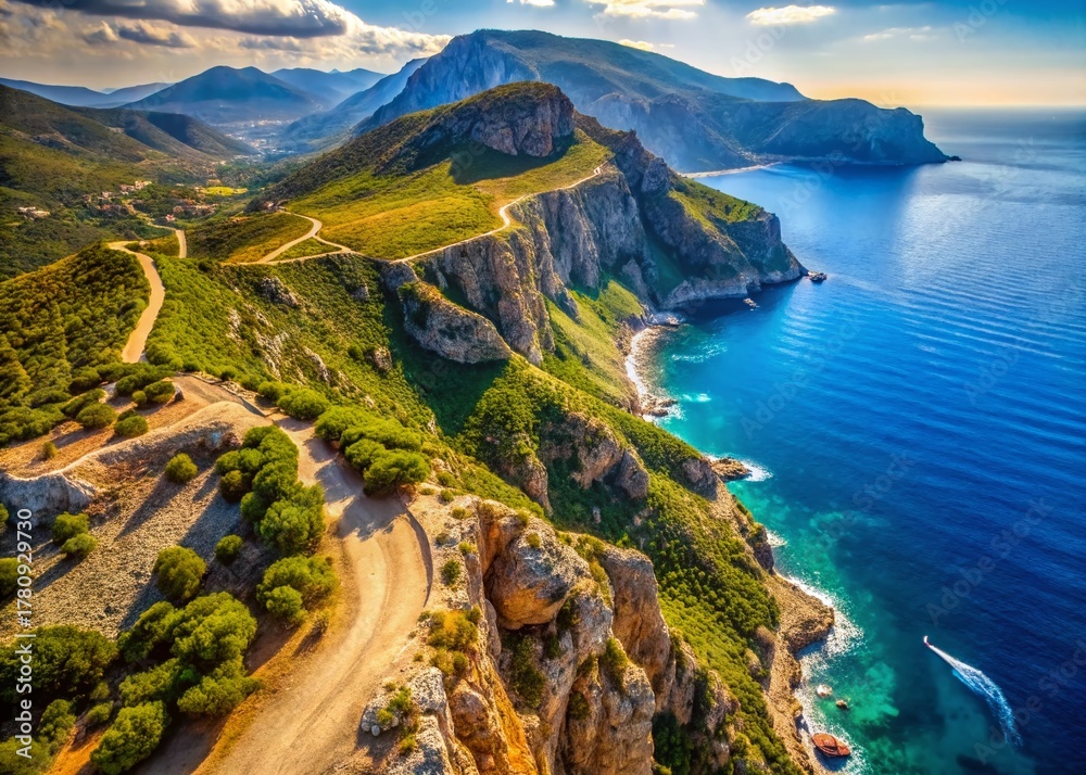Fototapeta premium Dramatic Aerial View of Greek Island Hiking Trails & Rugged Coastline: Geography & Safety