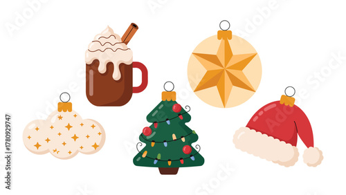 Festive ornaments Collection: A delightful collection of holiday ornaments ready to adorn your festive decor, featuring a cozy hot cocoa, a shining star, a jolly Santa hat and charming Christmas tree