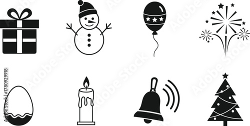 Holiday celebration icons, Christmas tree, snowman, wrapped gift, Easter egg, candle, ringing bell, balloon, fireworks, festive seasonal decorative graphic illustration