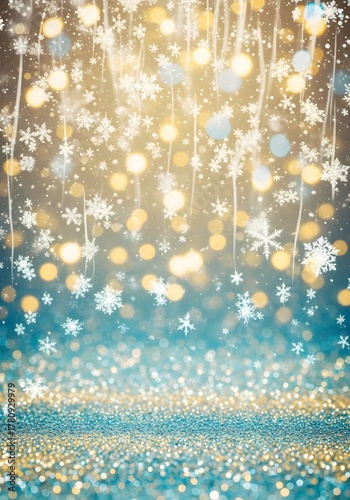 Magical winter background with cascading golden lights, white snowflakes, and shimmering blue glitter, evoking festive holiday cheer and enchanting seasonal wonder.

