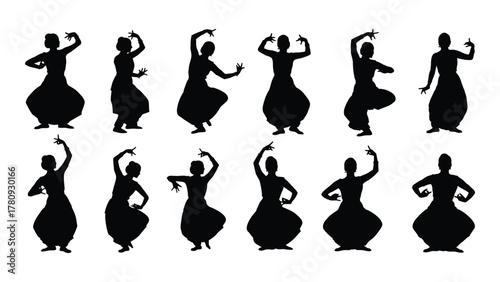 Indian classical dance silhouettes isolated on transparent background, Vector