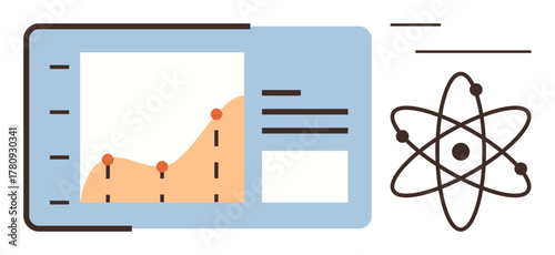 Analytical chart with data points, text details, and atomic structure highlight research, data analysis, and science. Ideal for education, innovation, statistics, technology discovery minimal flat