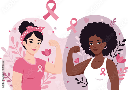 Diverse women flexing for breast cancer awareness cause