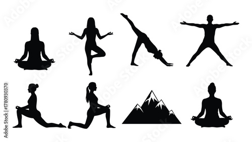 Yoga poses and mountain silhouettes isolated on transparent background, Vector