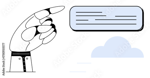 Stylized hand gestures toward a rectangular text box, accompanied by a cloud element. Ideal for communication, interaction, message, instruction, guidance, cloud computing teamwork. Clean simple