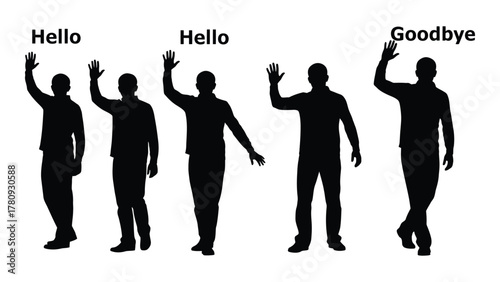 Silhouettes of people waving hello and goodbye isolated on transparent background, Vector