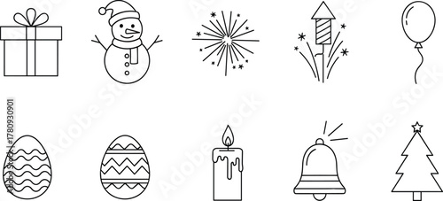 Holiday celebration icons, Christmas tree, snowman, wrapped gift, Easter eggs, candle, fireworks, balloon, festive bell, seasonal decorative graphic illustration