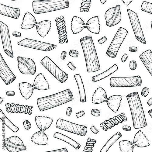 Traditional Italian pasta seamless pattern. Vector drawing. Italian food. Staple food. Hand drawn vector illustration. Design for packaging, menu.