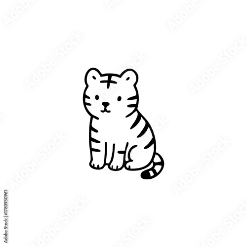 Cartoon, outlined tiger cub sitting politely
