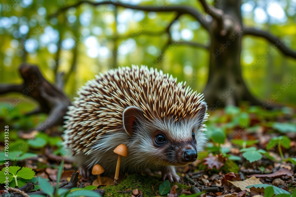 Fototapeta premium Cute hedgehog with mushrooms