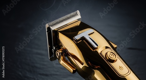 Close-up of a luxurious golden hair clipper on a dark background, highlighting its sleek design and professional quality.