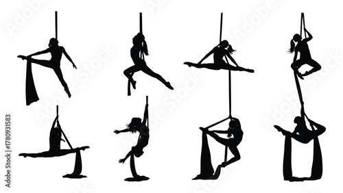 Aerial silks acrobats silhouettes isolated on transparent background, Vector