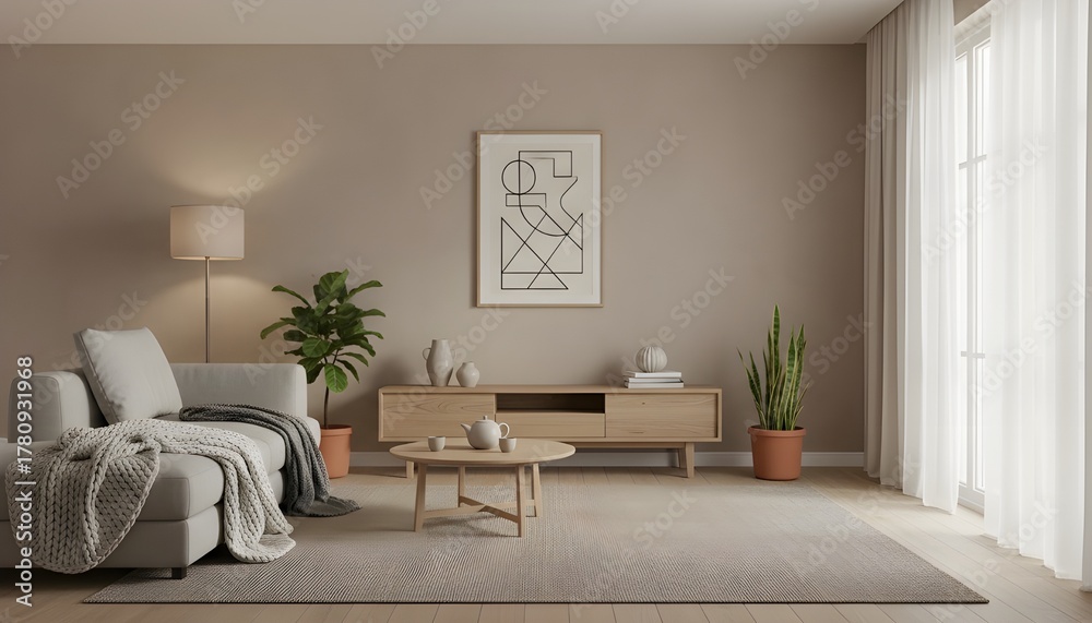 Fototapeta premium minimalist living room interior, geometric art frame mockup, natural wood furniture, soft neutral tones, cozy textiles, serene lighting, modern home decor