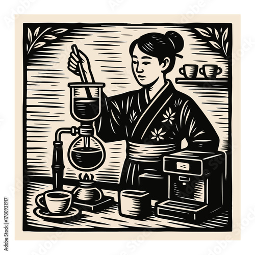 Artisan pour over coffee barista equipment vintage woodcut