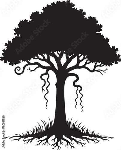 Black silhouette of a stylized tree with roots and grass