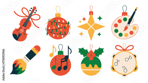 Festive Ornaments of Art and Music: An array of Christmas ornaments, each one a charming symbol of art, music, and holiday cheer. Featuring a violin, a glowing light, a star, palette, paint brush.