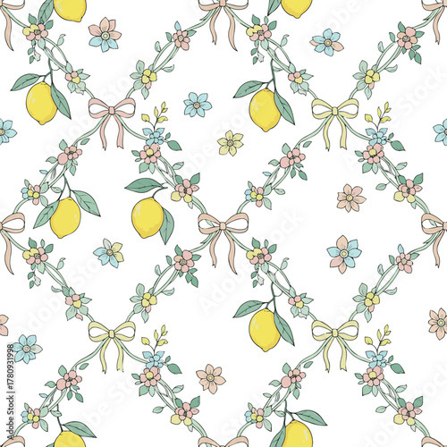 Isolated a Seamless floral trellis pattern with bows and lemons. Summer coquette print. Italian vacation aesthetics. citrus fruits trendy design for fabric, wrapping paper. vector art ..