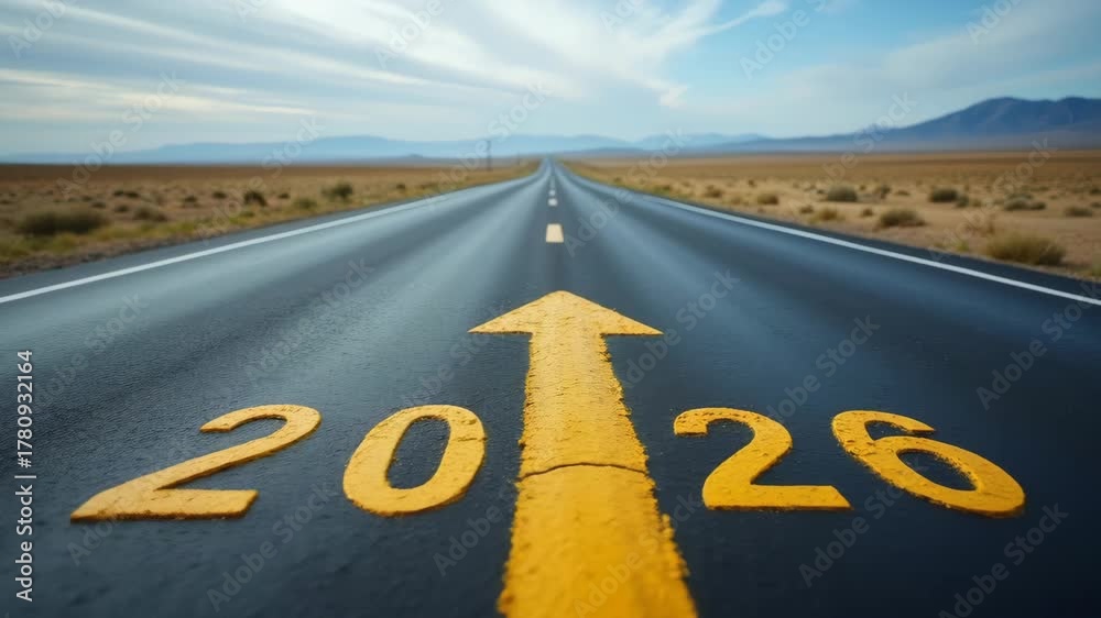Road to 2026 with an empty road with written 2026 and arrow pointing ...