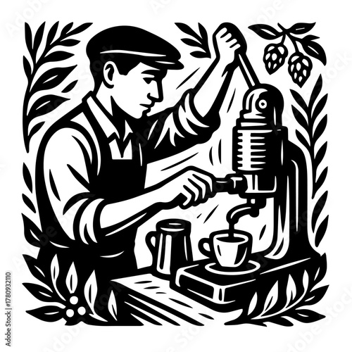 Handcrafted coffee brewing barista scene classic woodcut