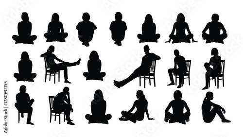 Diverse sitting people silhouettes isolated on transparent background, Vector