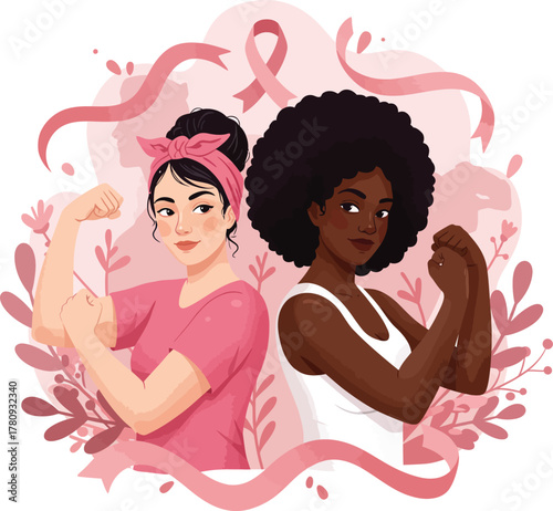 Diverse women flex for breast cancer awareness strength