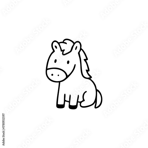 Cartoon horse sits, outlined in black on white