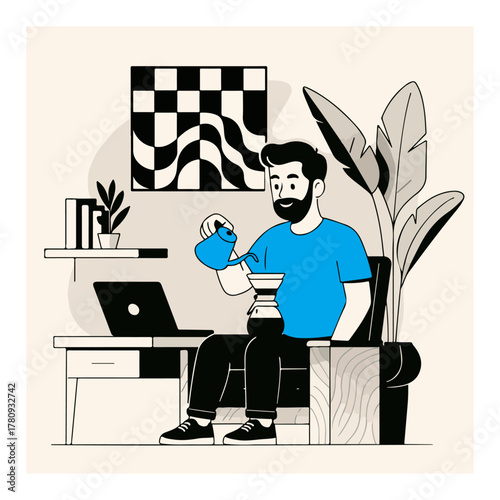 Freelancer working on laptop with coffee flat vector