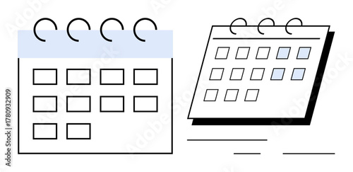 Two minimalistic calendar designs with spiral binding, floating effect, rectangular date boxes. Ideal for planning, time management, deadlines, organization, events, scheduling simple flat metaphor