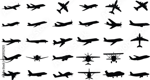 Aircraft silhouettes, airplane icons, aviation shapes, military jets, commercial planes, drone outlines, black vector aircraft, flight symbols, aviation design elements
