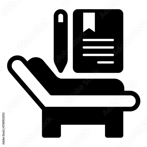 Therapy bed and test paper with pen solid icon, family therapy concept. Vector graphics. Psychologist consultation sign on white background, style icon mobile or web design.