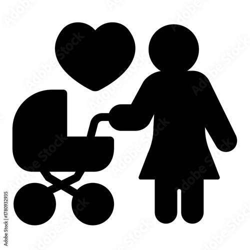 Mother with stroller and heart shape solid icon, childhood concept. Vector graphics. Woman with baby pram, care sign on white background, style icon mobile or web design.