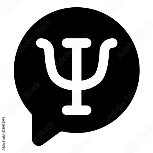 Popup bubble with trident solid icon, psychiatry concept. Vector graphics. Trident in speech dialog, popup sign on white background, style icon mobile or web design.