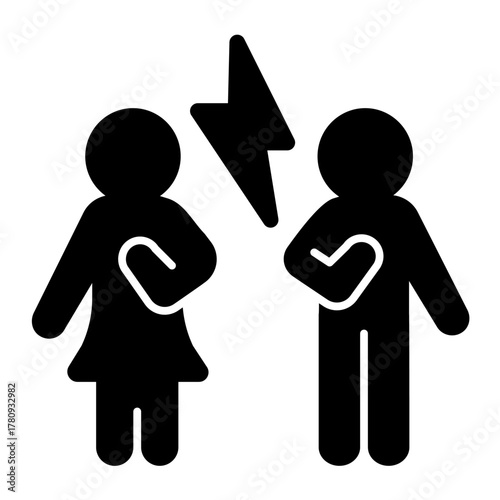 Couple and lightning solid icon, family therapy concept. Vector graphics. Man with woman and conflict, psychology sign on white background, style icon mobile or web design.