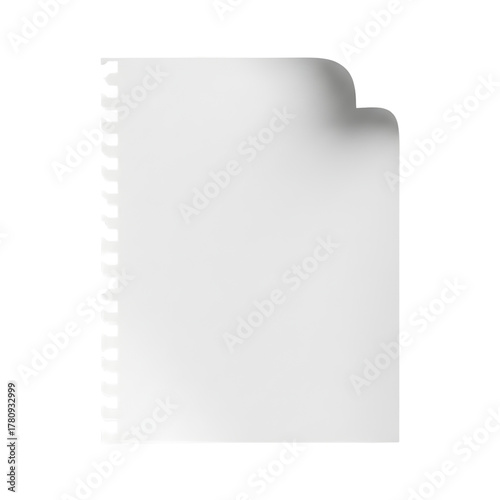 Clean white torn notebook page with fine paper fibers and a perforated ripped top edge. Features a slightly curled corner and natural shadow, conveying a neat, minimalist style, perfect for text 