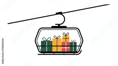Gift-filled Lift: A ski lift cabin carries a colorful assortment of wrapped gifts, a whimsical suggestion of journeys and festive cheer.