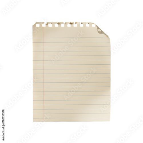 Torn vintage cream notebook paper with soft blue ruled lines and a perforated ripped top edge. Features visible paper fibers, a subtly curled corner, and gentle shadows, creating a warm, detailed, min