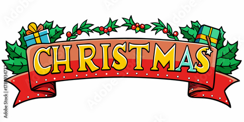 Festive Christmas banner illustration with gifts and holly decoration