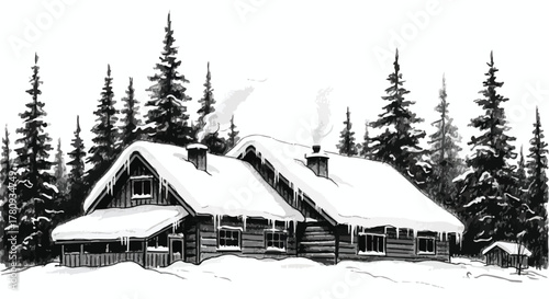 Snow-covered cabin in winter forest, tranquil landscape pencil illustration.