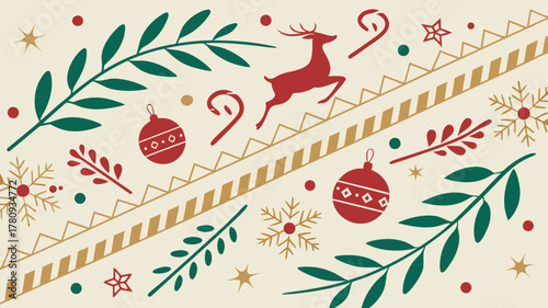 Festive Christmas design with ornaments, reindeers and snowflakes