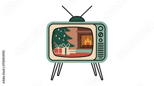 Retro Television Displaying Holiday Scene: A vintage television set showcasing a cozy holiday scene, complete with a festive tree, crackling fireplace, and wrapped gifts.