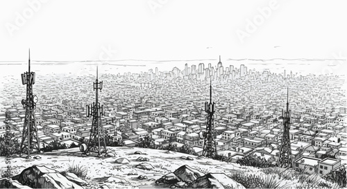 Telecommunication towers overlooking distant city skyline, perspective landscape sketch.